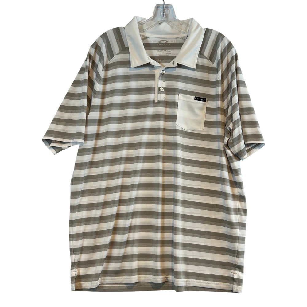 Oakley Hydrolix Mens XL Regular Fit Striped Polo Shirt Grey White Short Sleeve